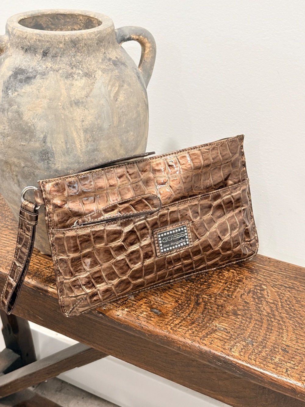 GUESS Los Angeles Croc Embossed Vegan Leather Wristlet Clutch Bag Brown